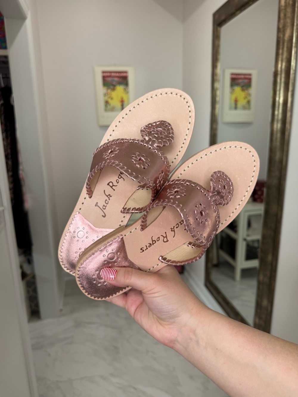 Jack Rogers Rose Gold Metallic Leather Thong Sandals